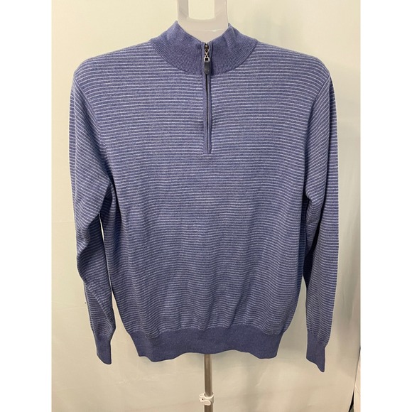 Peter Millar Mens 1/4 Zip Pullover Sweater Striped Merino Wool Blue Medium - Picture 1 of 7
